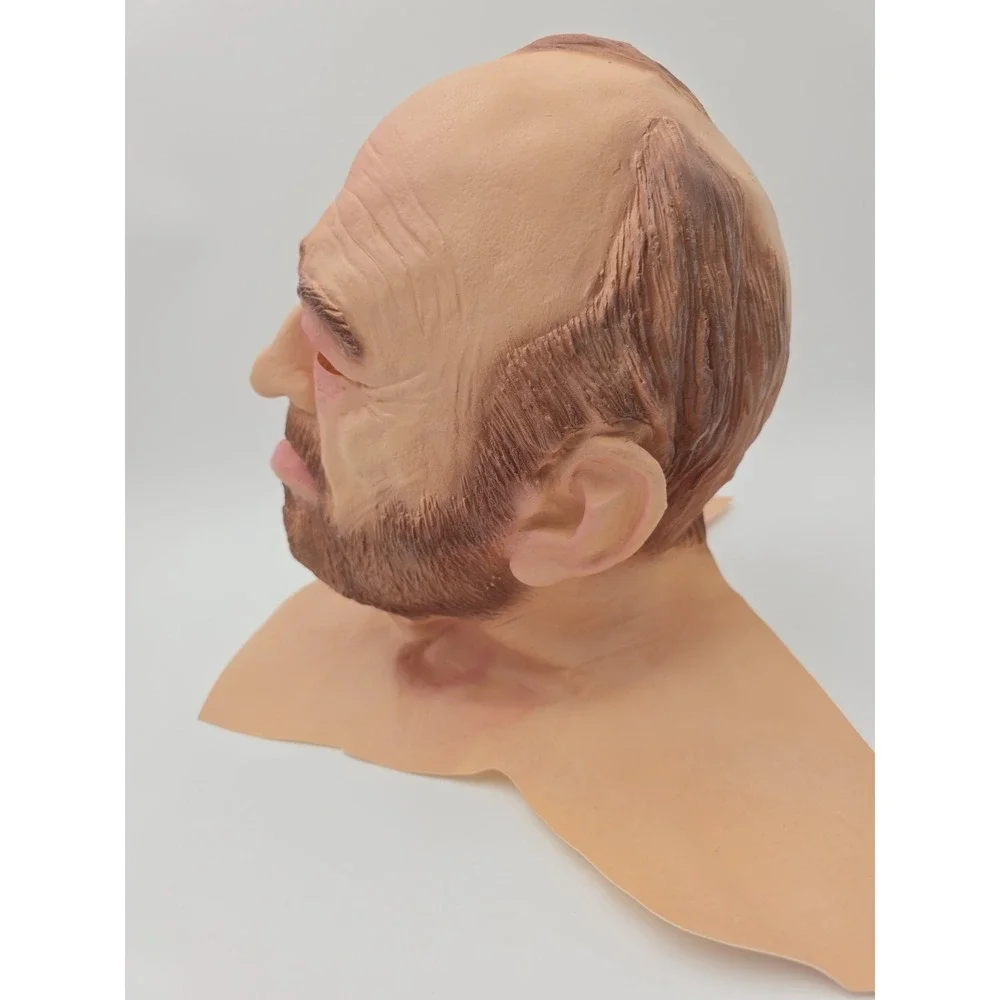 Full Head Mask Old‎ Man Brown Hair Beard Wrinkles Bald Creepy Halloween